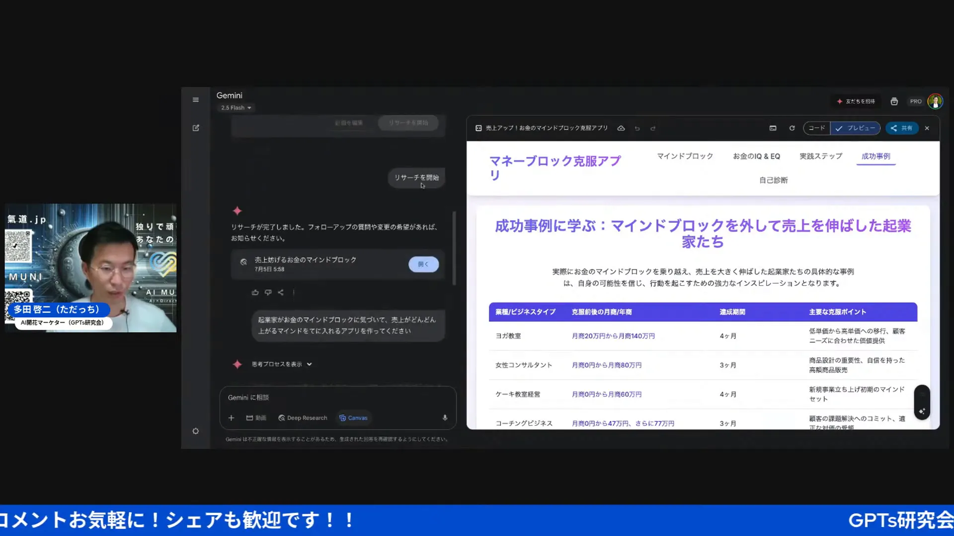 ジェミニが生成したお金のマインドブロックに関するレポート画面