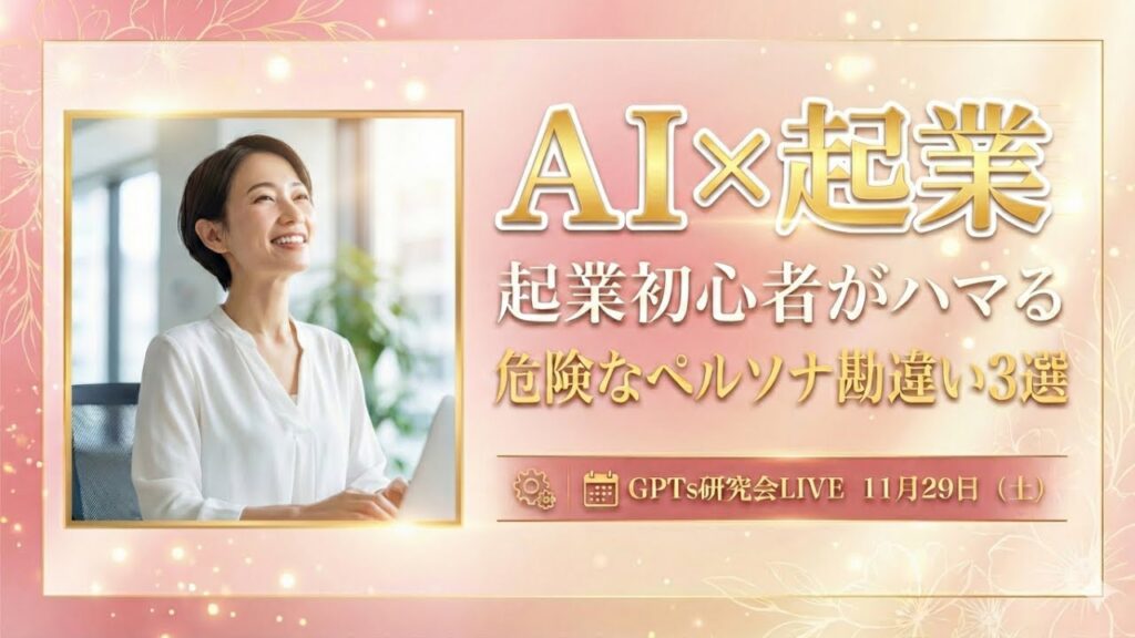 video thumbnail for 'AI×起業　起業初心者がハマる危険なペルソナ勘違い3選 GPTs研究会LIVE 11月29日（土）'