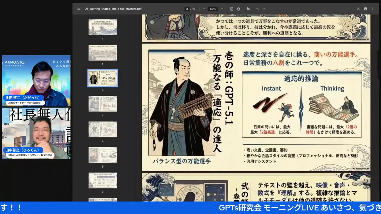 比較スライド。中央に侍風の人物と“GPT-5.1”の見出し、右にInstant(瞬発)とThinking(思考)の対比図がはっきり見える画面。