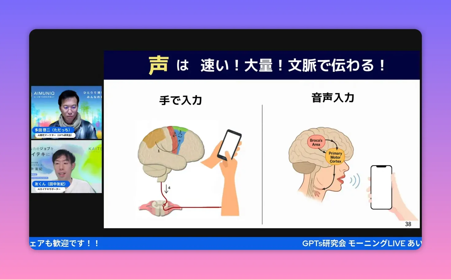 『声は速い！大量！文脈で伝わる！』という見出しと、音声入力が脳に働きかけることを示す図がはっきり見えるプレゼンスライドのスクリーンショット。