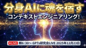 video thumbnail for '【生成AI×共感ストーリー】分身AIに魂を宿すコンテキストエンジニアリング ！朝6:30～ GPTs研究会LIVE 2025年12月23日'