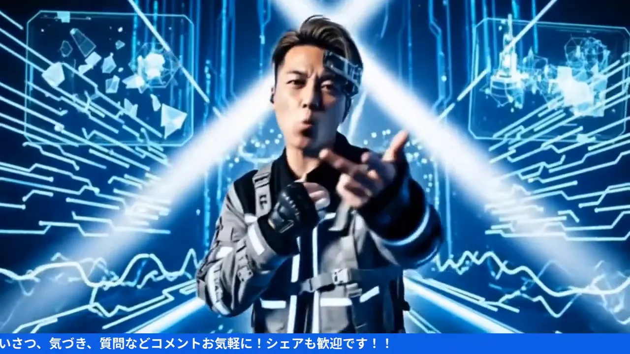 未来的な青い回路図を背景に、マイクを持って語る話者のアップ。AIと未来の融合をイメージさせる。