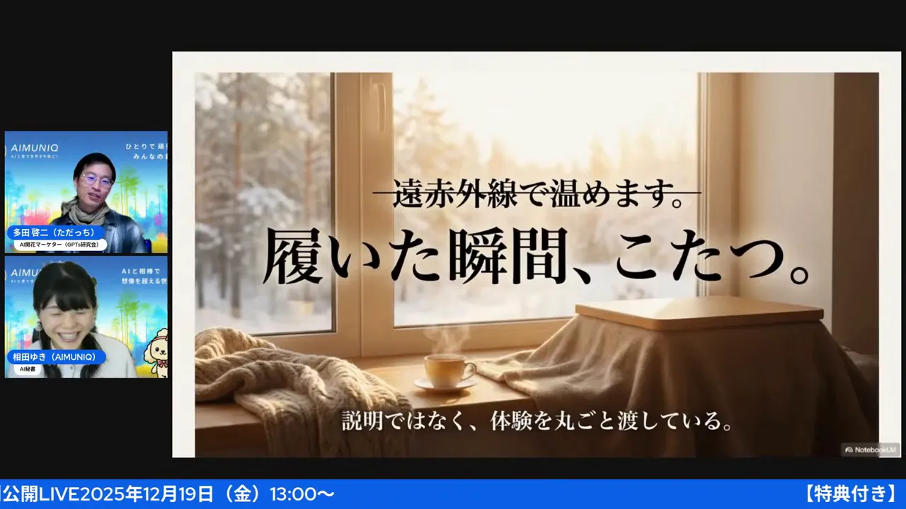 プレゼンスライドのスクリーンショット。窓辺のこたつイメージに大きく「履いた瞬間、こたつ。」と表示され、左に登壇者のサムネイルがある、AIでネーミングを広げる操作の説明に適した画面。