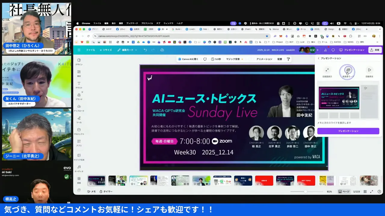 プレゼンター表示のCanva画面。中央に『AIニュース・トピックス』スライド、右上にプレゼンテーションモードの設定ポップアップ、左に参加者の映像サムネイルが並んでいる。