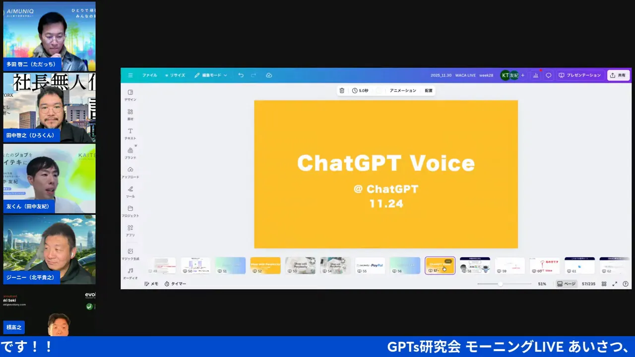 プレゼン画面に黄色背景で大きく「ChatGPT Voice」と表示されたスライドと左側に参加者のビデオサムネイル