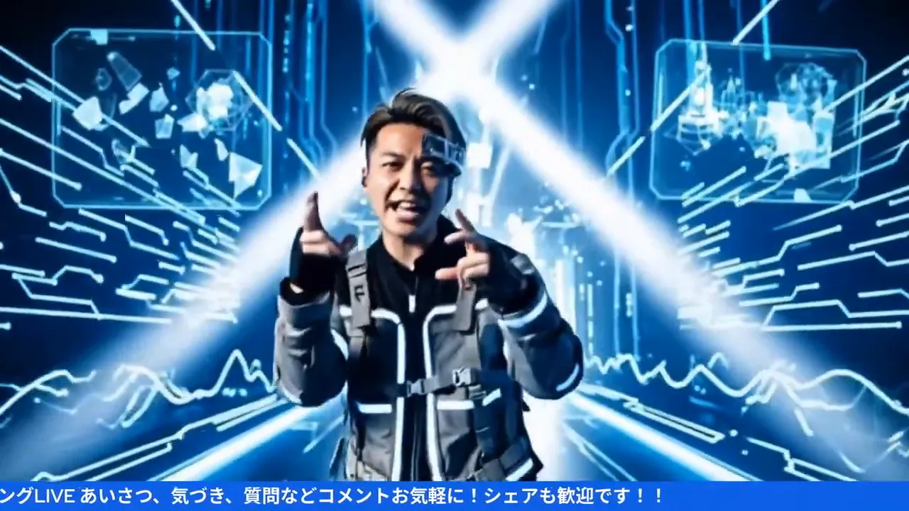 未来的な青いグラフィック背景の前で話す講演者の全身ショット