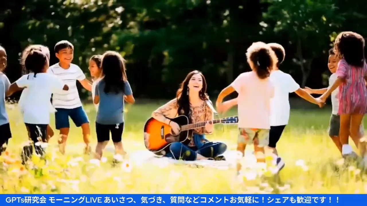 エンディング画面。広い野原でギターを弾く人物と遊ぶ子どもたちの写真が、温かいコミュニティの雰囲気を伝えている