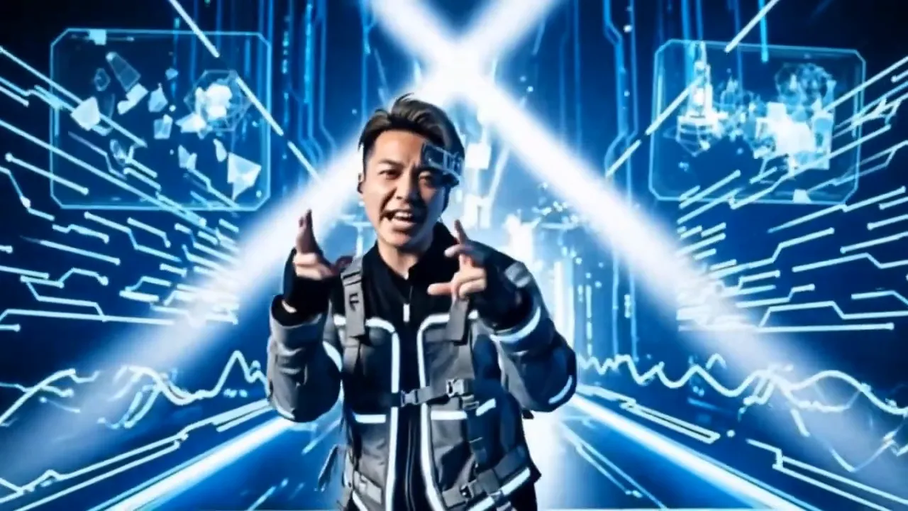 サイバーテーマの背景の前で指差す登壇者の寄りショット。X字の光と回路模様が並ぶ未来的演出。