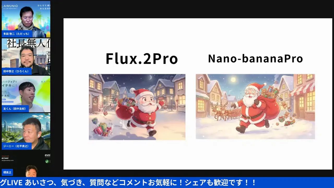 プレゼンのスライドで左に「Flux.2Pro」、右に「Nano-bananaPro」と見出しがあり、それぞれ生成されたサンタのイラストが並んでいる比較画像