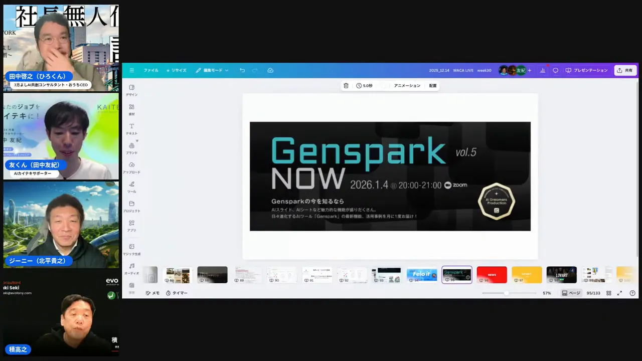 配信のスクリーンショット:中央に『Genspark NOW』のスライドが鮮明に表示され、左側に複数の参加者サムネイルが縦に並んでいる画面。