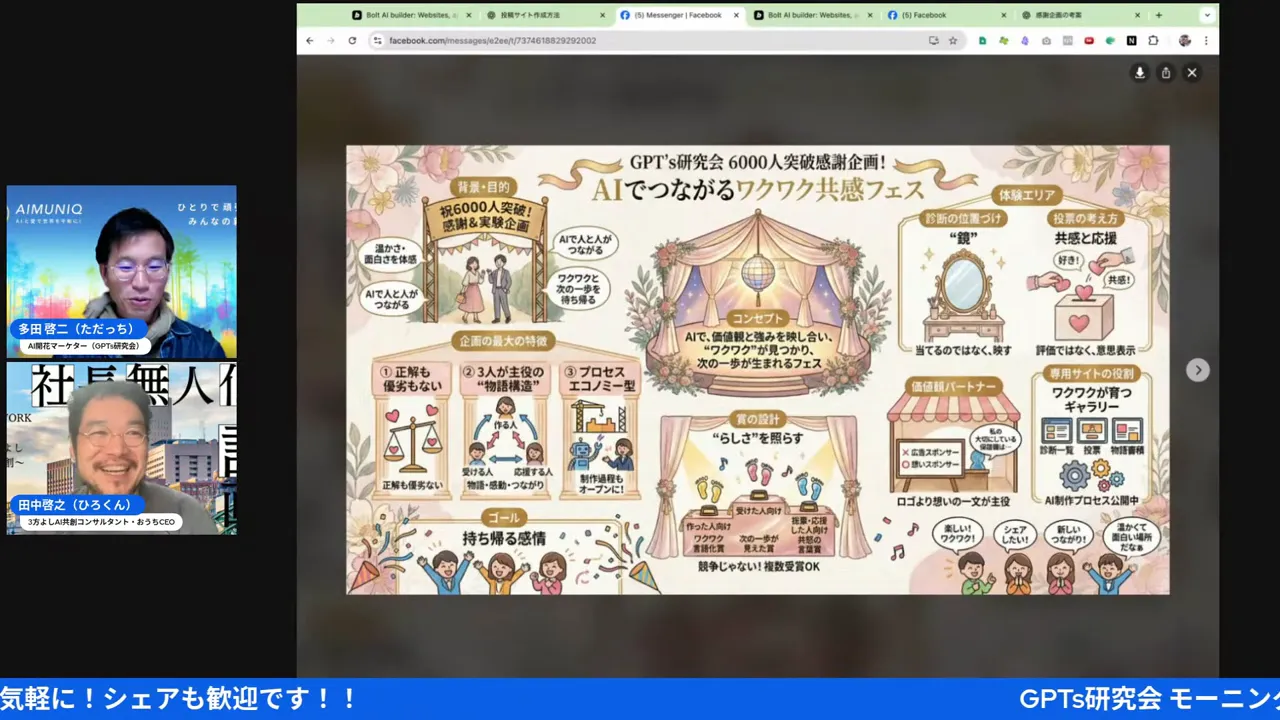 配信のスクリーンショット。右側にイベント概要スライドが鮮明に表示され、左に参加者のビデオが並んでいる。