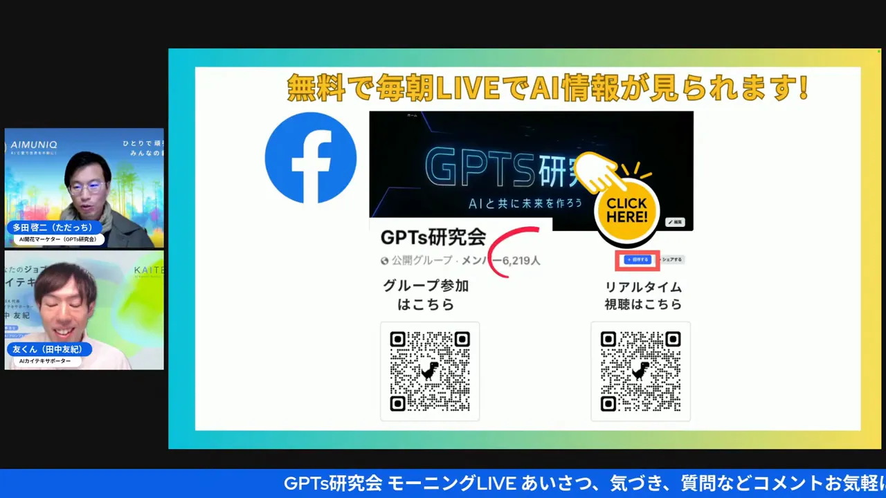 GPTs研究会の案内スライド。中央にFacebookのバナー、メンバー数（6,219人）が赤丸で強調され、下にQRコードが並ぶ。