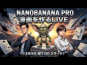 video thumbnail for 'NANOBANANA PROで 漫画を作る実験LIVE 12月4日 朝7:00スタート! GPTs研究会'