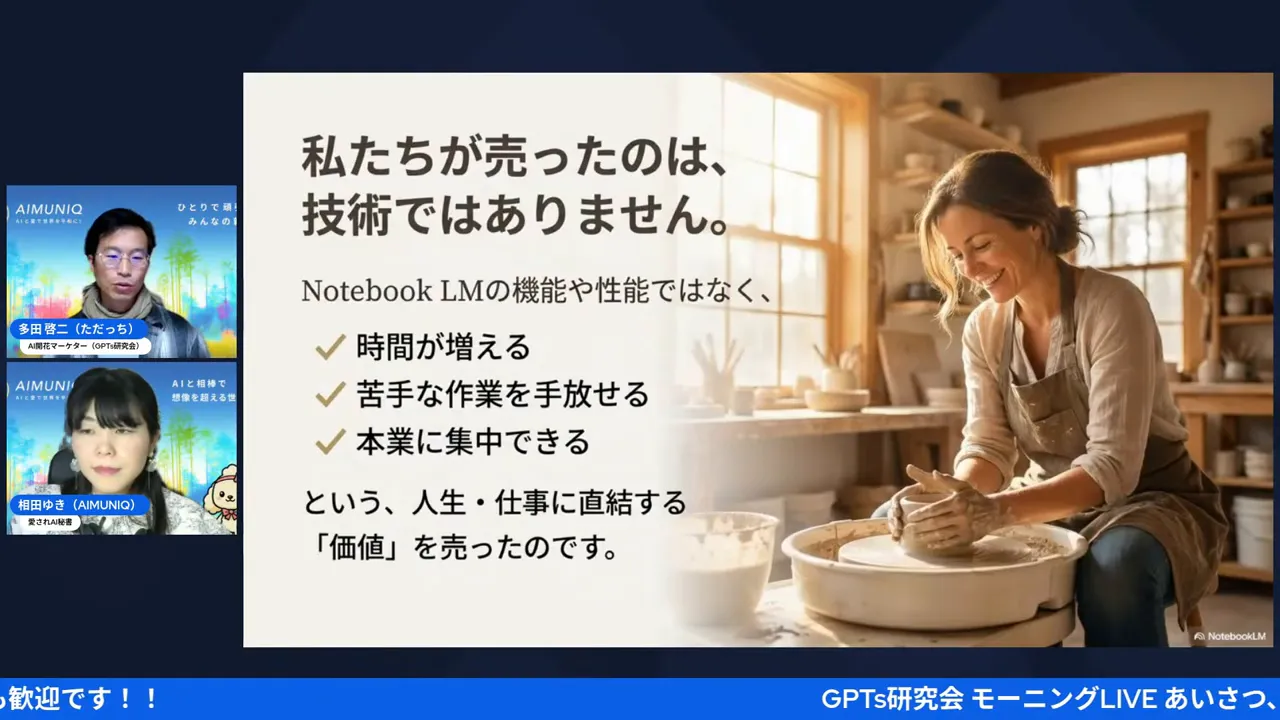 スライド:私たちが売ったのは、技術ではありません。Notebook LMの機能よりも増える時間や作業軽減、本業への集中といった価値を訴求する内容。