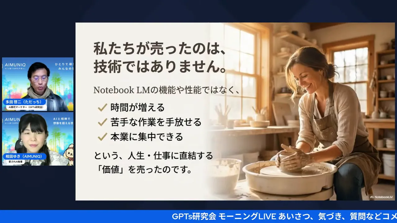 スライド:私たちが売ったのは、技術ではありません。Notebook LMのベネフィット(時間が増える・苦手作業を手放せる・本業に集中できる)を訴求する読みやすいプレゼン画面(登壇者の小窓あり)