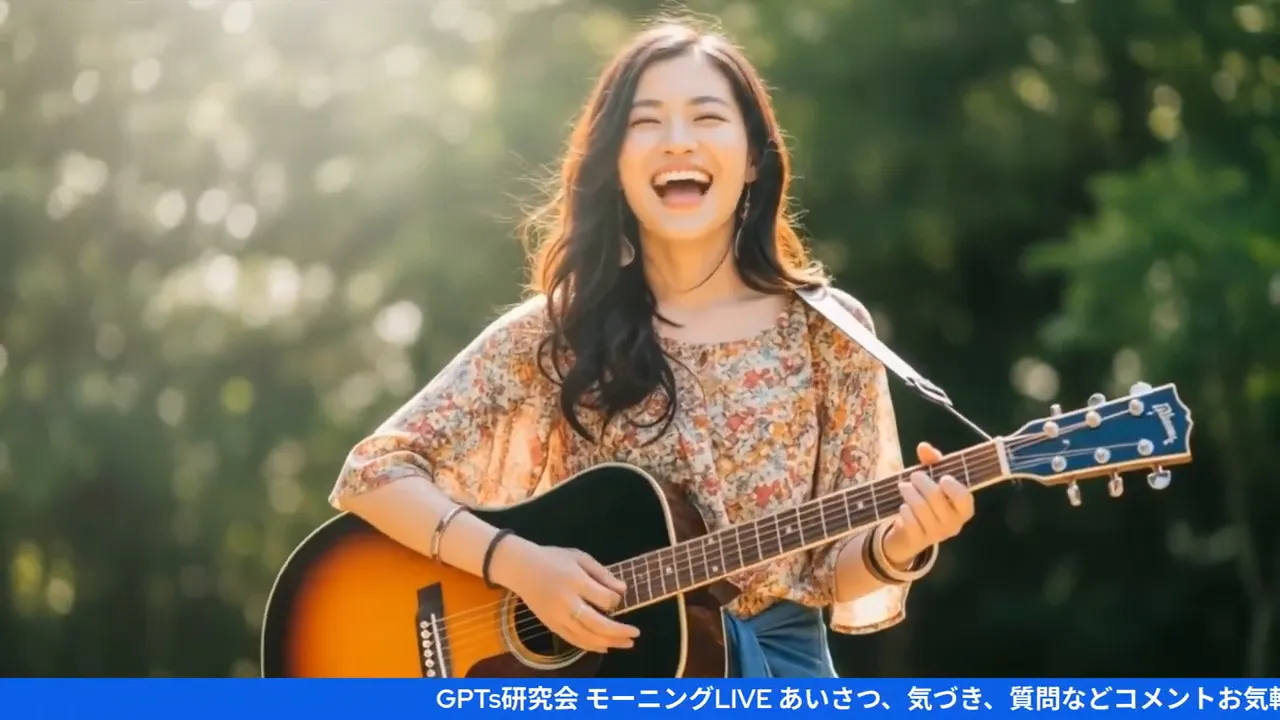 ギターを抱え笑顔で締めくくる女性のはっきりとしたスクリーンショット（下部に青いバナー）
