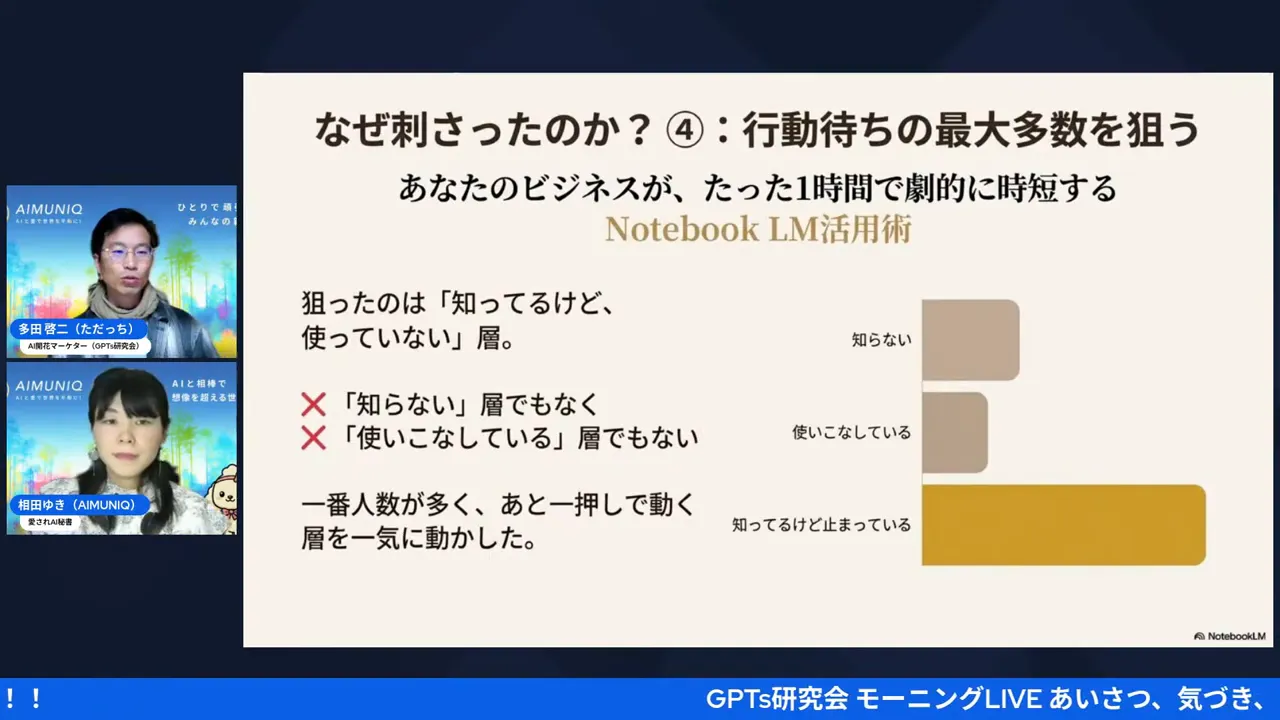 プレゼンスライド:なぜ刺さったのか?④ 行動待ちの最大多数を狙う — Notebook LM活用術(スライド本文が読みやすく登壇者は小窓で表示)