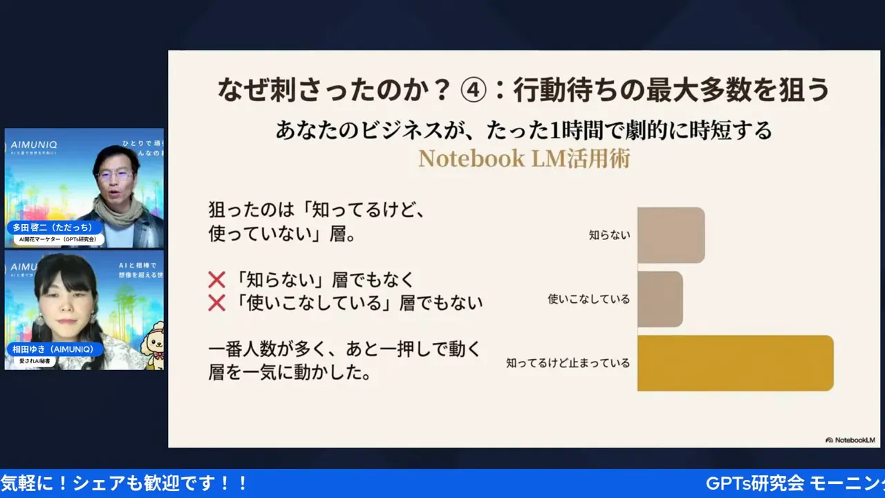 スライド全体が読みやすいプレゼン画面:『知ってるけど止まっている』層を一気に動かした事例(登壇者サムネイル付き)