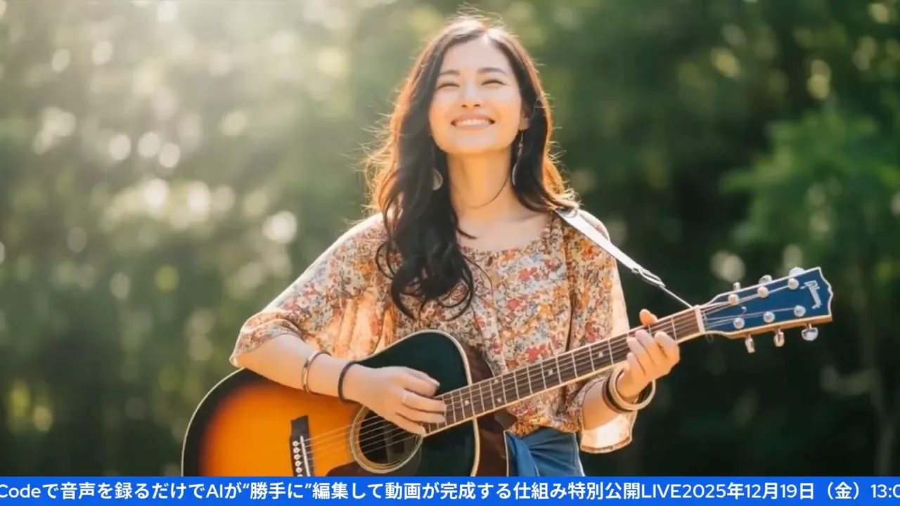 森の前でギターを弾きながら微笑む女性のクローズアップ。明るくはっきりした画質。