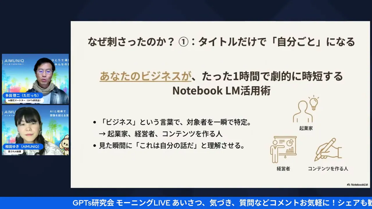 プレゼン画面全体:タイトル設計のスライドと登壇者サムネイル(Notebook LMで1時間時短)