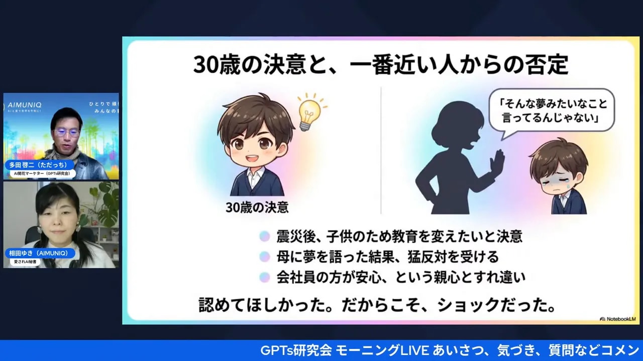 スライド「30歳の決意と、一番近い人からの否定」。イラスト、吹き出し、箇条書きがはっきり見える高画質ショット
