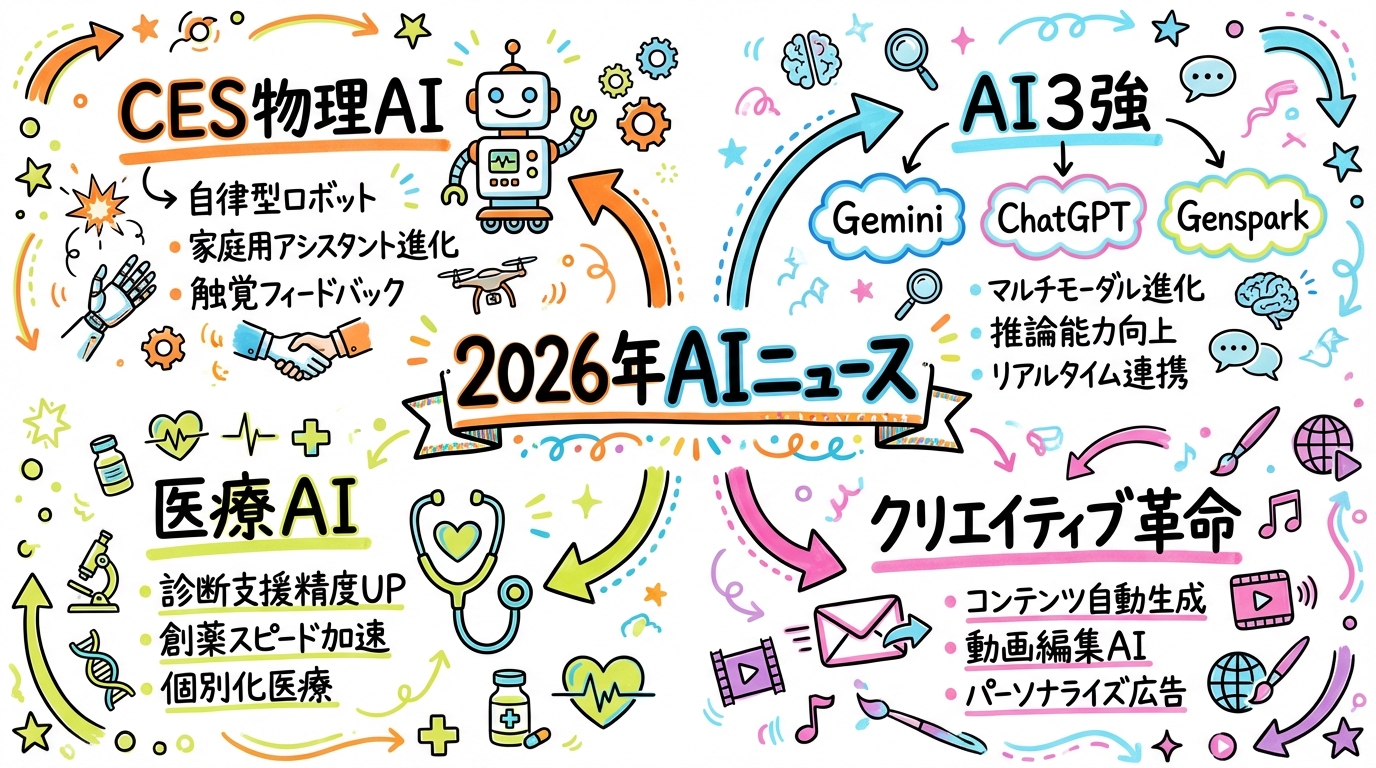 2026年AIニュース総まとめのグラフィックレコーディング