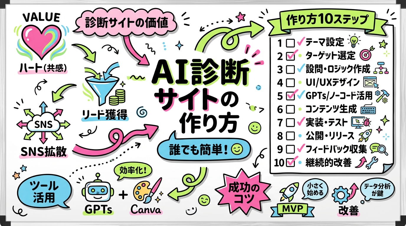 AI診断サイト完全ガイドのグラフィックレコーディング