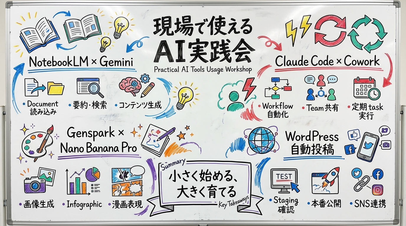 AI実践会の全体グラレコ - NotebookLM、Claude Code、Genspark、WordPress自動投稿のまとめ