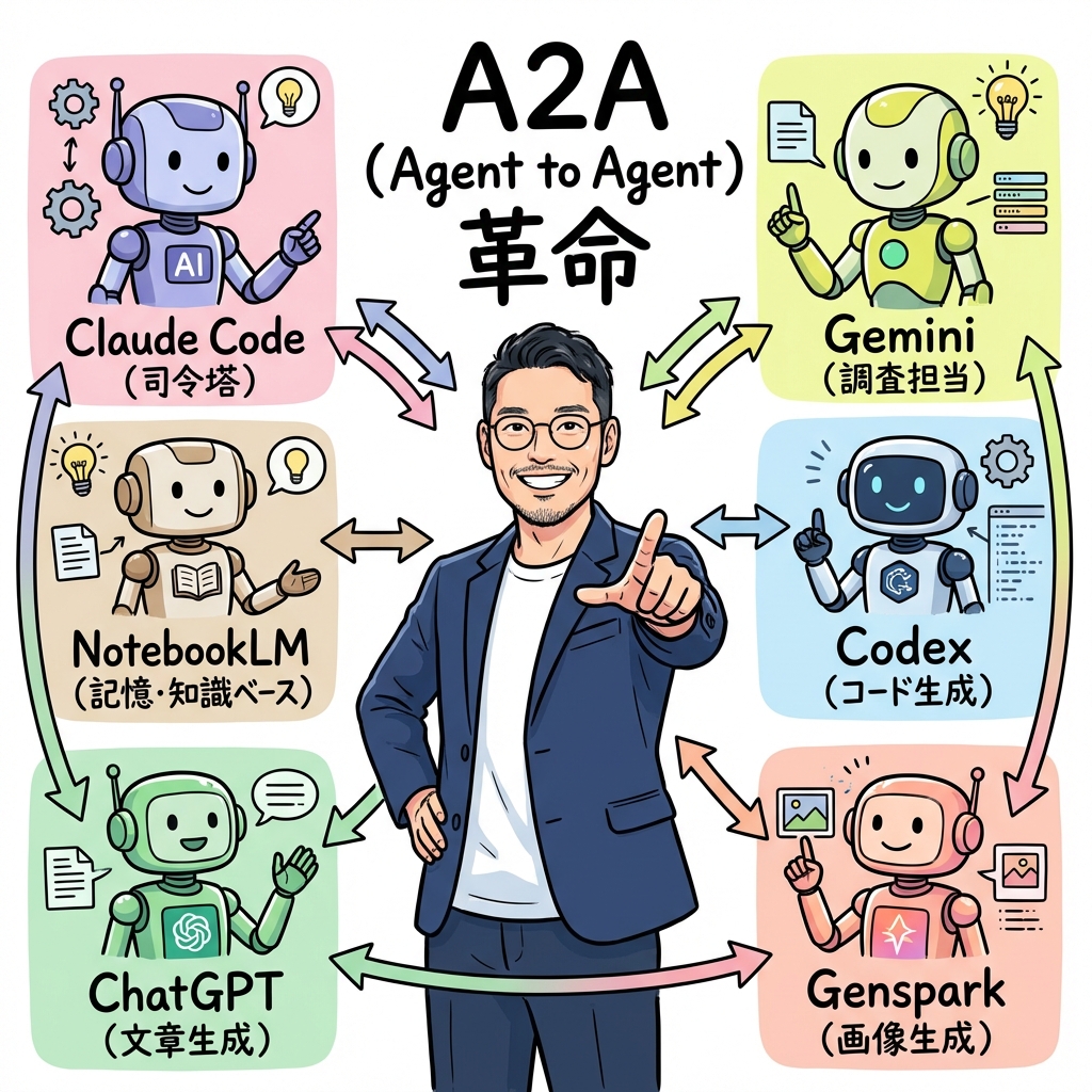A2A革命の全体図：中央にひろくん、周囲にClaude Code・Gemini・ChatGPT・Genspark・NotebookLM・CodexなどのAIエージェントチーム