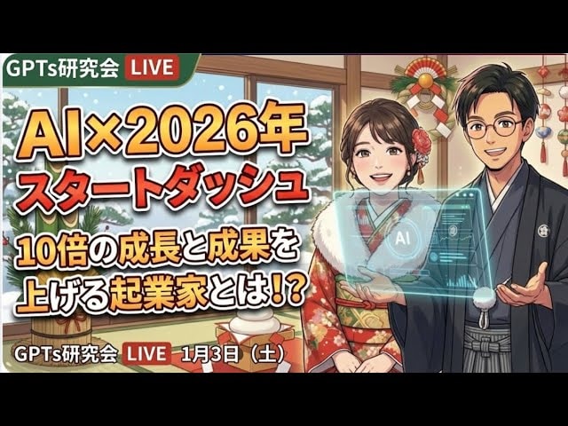 video thumbnail for 'AI×2026年スタートダッシュ 10倍の成長と成果を上げる起業家とは！？ GPTs研究会LIVE 1月3日（土）'