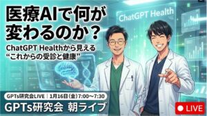 video thumbnail for '【医療AIで何が変わるのか？ ChatGPT Healthから見える“これからの受診と健康”】 GPTs研究会LIVE｜1月16日（金）'
