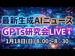 video thumbnail for '最新生成AIニュース GPTs研究会LIVE 2026年1月18日（日）8:00〜8:30'