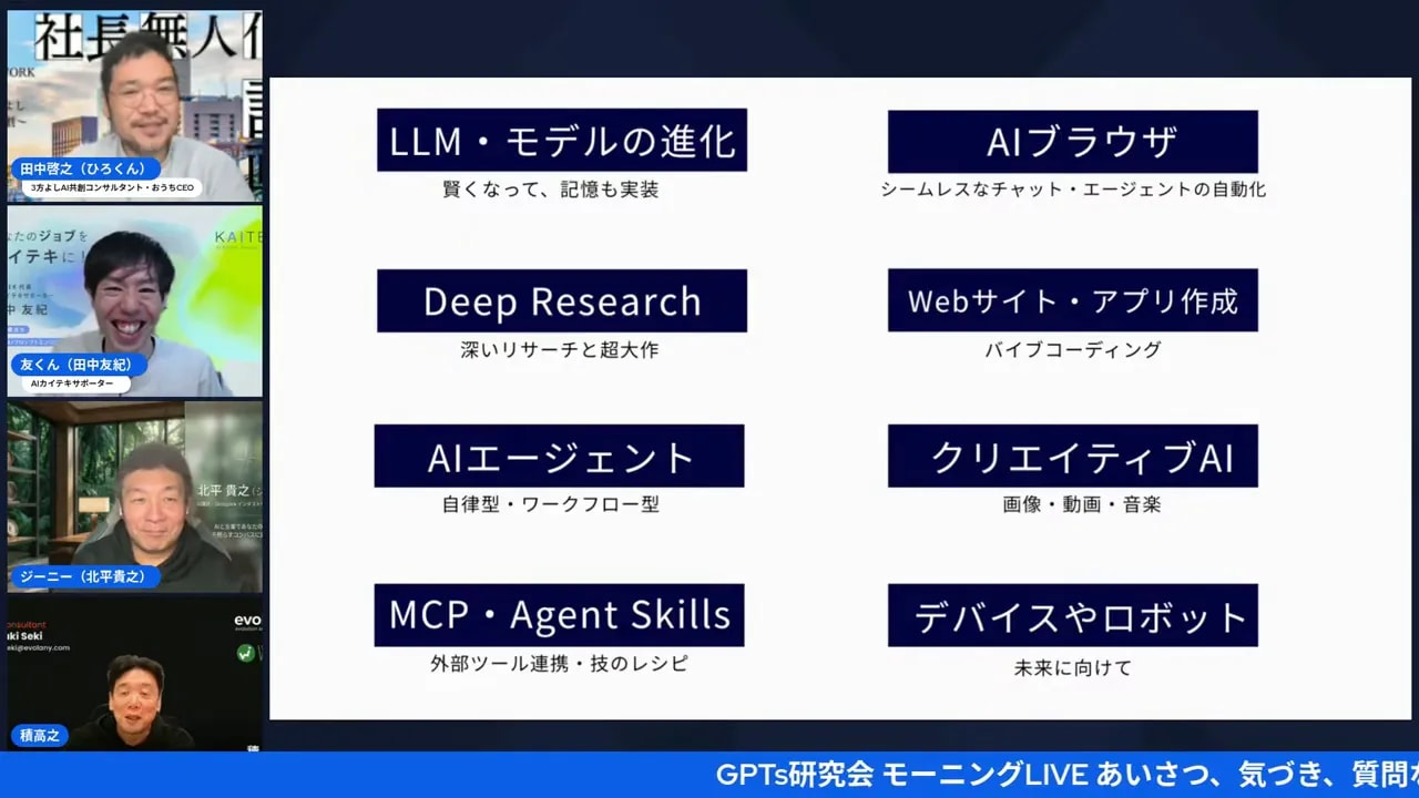 配信画面のスクリーンショット。中央に『LLM・モデルの進化』『Deep Research』『AIエージェント』などのスライド項目が読みやすく表示され、左に登壇者のビデオタイルが縦に並ぶ。