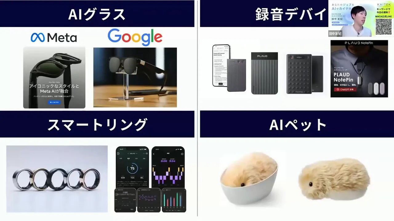 プレゼンスライド：AIグラス、録音デバイス、スマートリング、AIペットが分かりやすく並んでいる