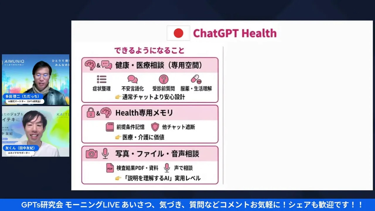 ChatGPT Healthの機能を示すピンクの説明スライドと左側に講演者ビデオが並ぶ画面