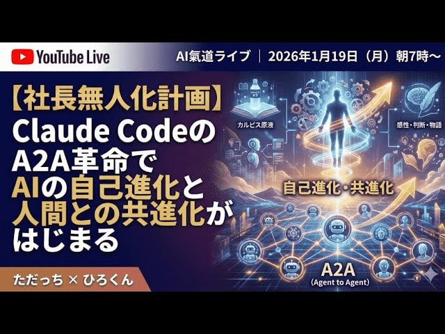 video thumbnail for '【社長無人化計画】Claude CodeのA2A革命でAIの自己進化と人間との共進化がはじまる'
