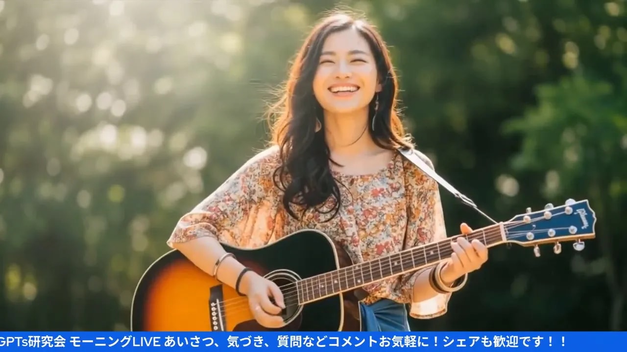 ライブ終盤でギターを抱え笑顔で視聴者に語りかける出演者のスクリーンショット(鮮明)