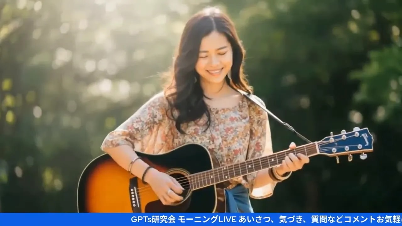 逆光の屋外でギターを弾きながら穏やかに微笑む女性のクローズアップスクリーンショット。締めのメッセージに合う静かな雰囲気。