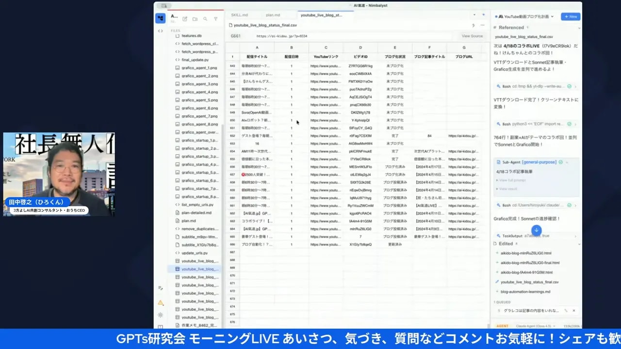 スプレッドシートに動画URLやタイトルの列が表示され、右側にエージェントログが見えるスクリーンショット
