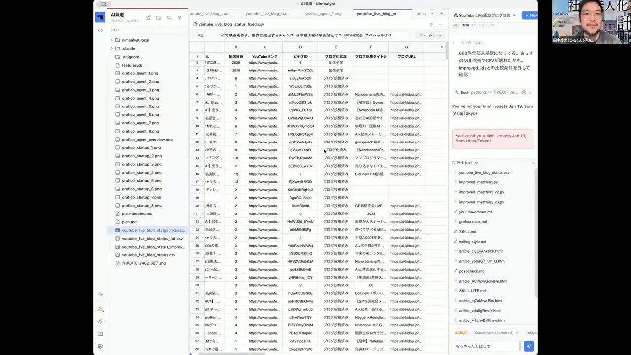 スプレッドシートで記事タイトルやURLなどが一覧表示されたCSV管理画面のスクリーンショット