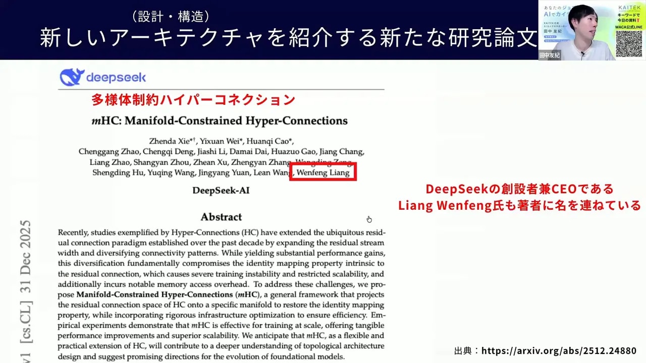 DeepSeekの論文表紙（mHC: Manifold-Constrained Hyper-Connections）と著者名が赤枠で強調されたスライド