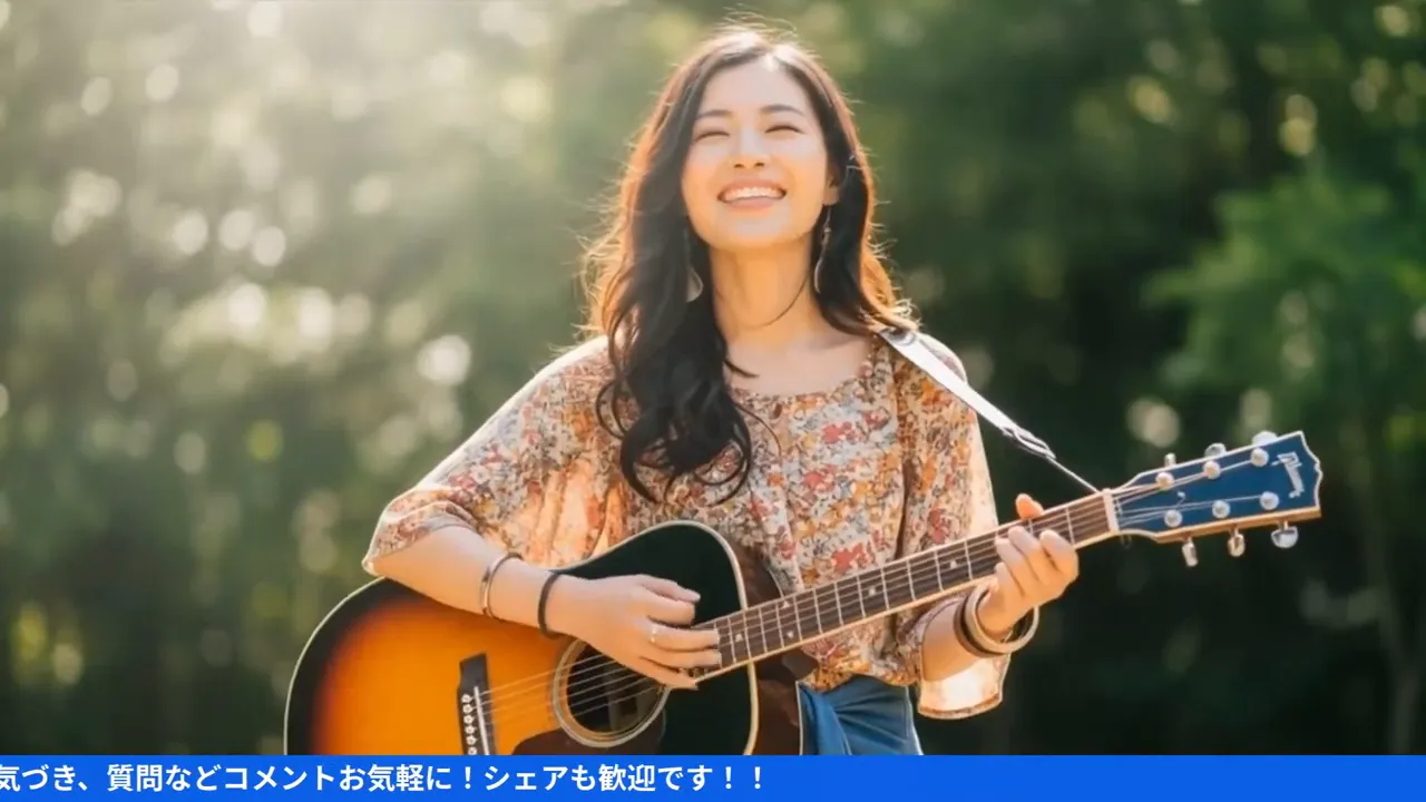 野外でギターを弾きながら笑っている女性の高画質ショット。明るい背景と暖かな日差しが印象的。