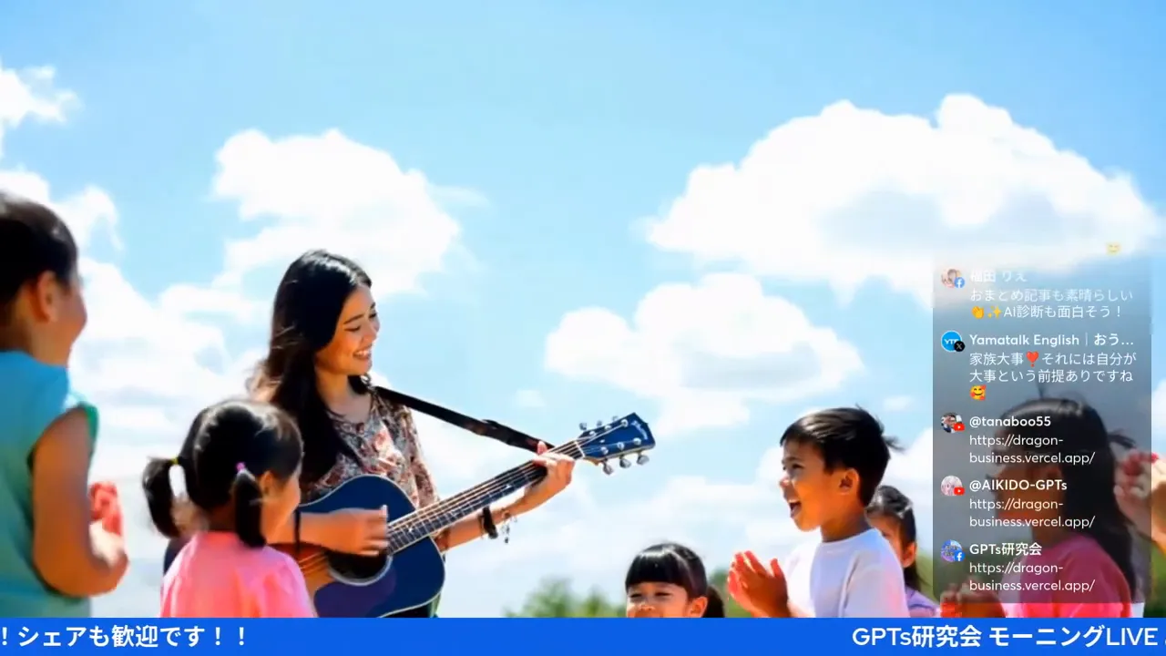 屋外でギターを弾いて笑う女性と周囲の子どもたち。右側に配信コメントのオーバーレイ、下部にライブバナーが表示された明るいエンディングショット。