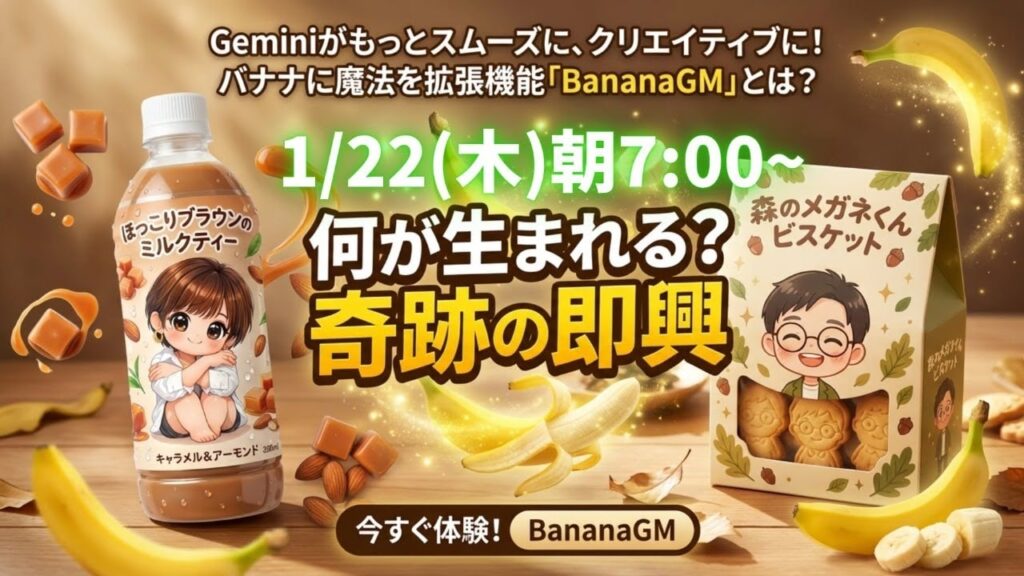video thumbnail for 'Geminiがもっとスムーズに、 もっとクリエイティブに！ バナナに魔法をかける 拡張機能 「BananaGM」とは？ GPTs研究会LIVE 1月22日（木）'
