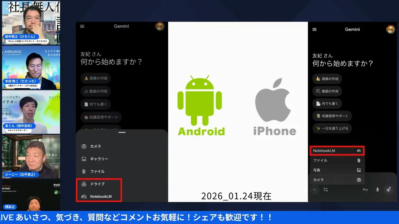 Geminiプレゼン画面。中央にAndroid/iPhoneロゴ、右側にNotebookLMが赤枠でハイライトされたスクリーンショット(参加者のサムネイル付き)
