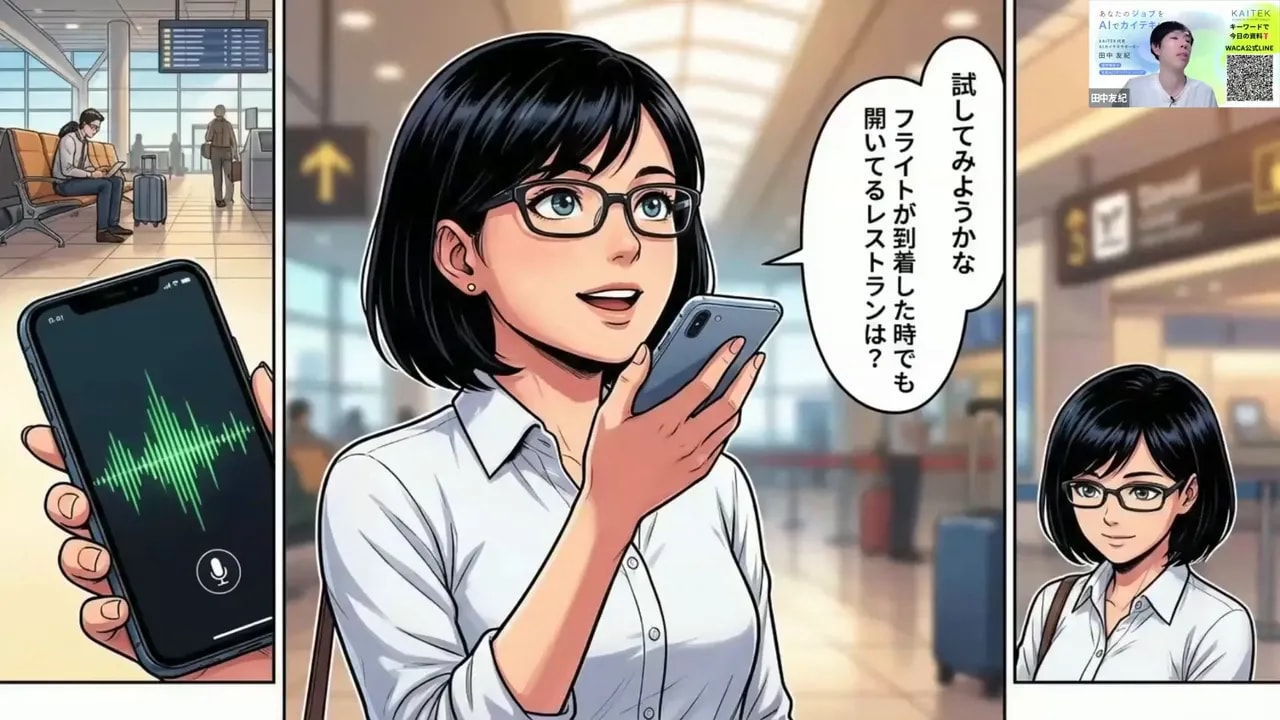 空港でスマートフォンに話しかける女性の漫画風イラストのスクリーンショット。中央の人物と左の音声波形、背景の案内表示が見える。