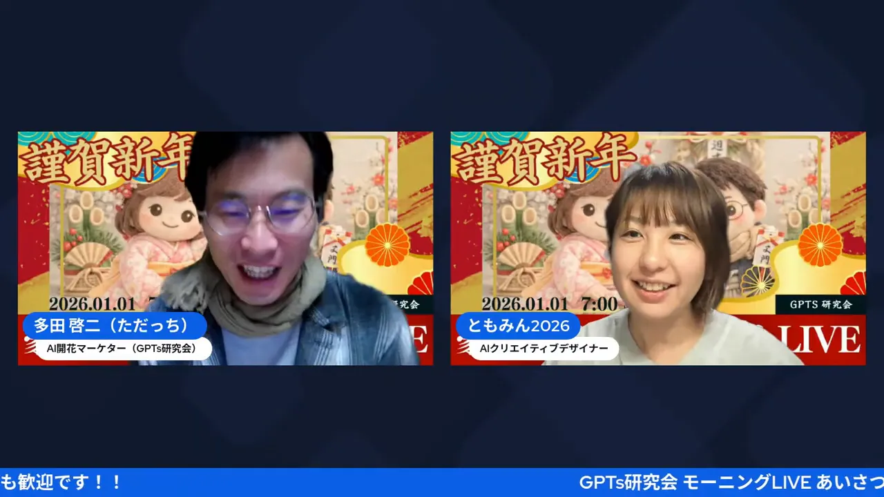 GPTs研究会元旦スペシャルのライブ開始直後の挨拶シーン。ひろくんとただっちがワイプ画面で笑顔を見せ、背景に「謹賀新年」のデザインが表示されている。