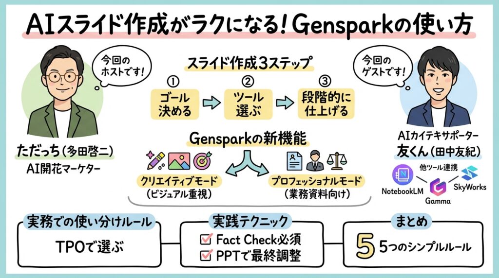 Gensparkクリエイティブモードを使ったAIスライド作成の全体図