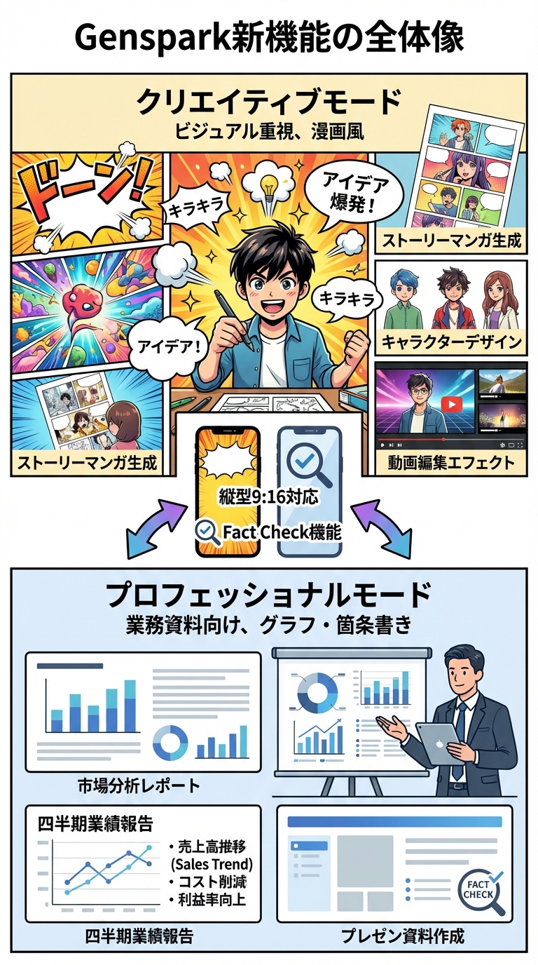 Gensparkクリエイティブモード新機能の全体像 - グラレコ図解