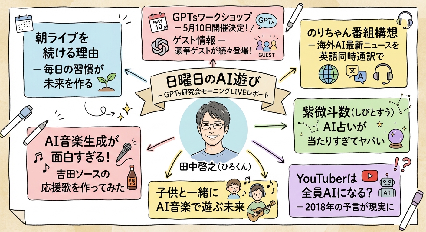 日曜日のAI遊び - AI音楽生成から占いまで、GPTs研究の全体図解